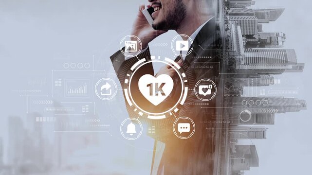 Professional Man on Phone with Digital Interface Showing Data, Analytics and Communication Symbols in Modern Cityscape Background. Entropy.