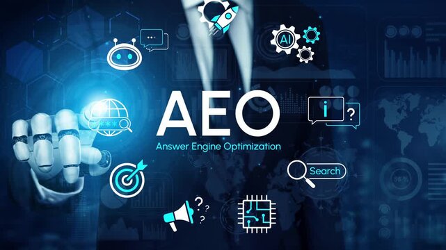 Businessman with robotic hand touching AEO text, concept of answer engine optimization with icons representing technology and search activity. Entropy.