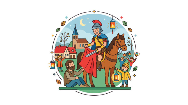 Medieval Knight Helping Poor Man and Child with Lanterns in Village