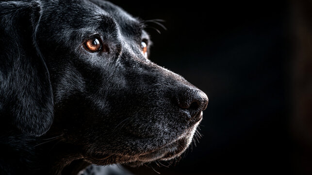 Portrait of a black labrador retriever dog looking away on dark background with labrador