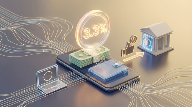 3D illustration of transparent coin with three point three percent text floating above cash money stack and wallet on smartphone next to laptop and bank building tax refund fintech concept
