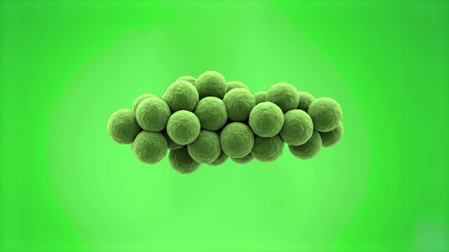 A 3D microscopic animation showing a grape-like cluster of staphylococcus bacteria cells against a chroma key green background. Ideal for medicine, biology education, and microbiology research visuals