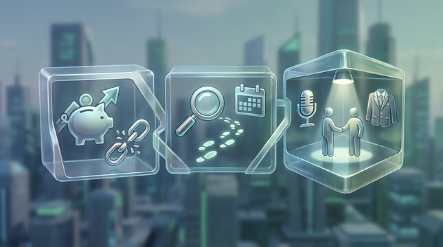 3D illustration of three glass cubes showing piggy bank with broken chain magnifying glass with footprints and people shaking hands under spotlight business audit concept