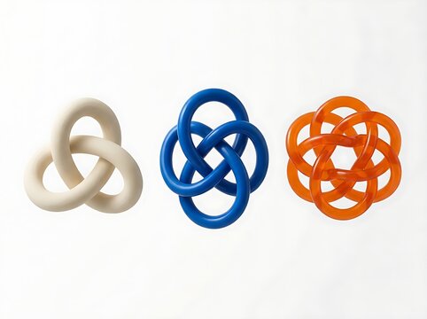 Three colorful interlocking ring sculptures