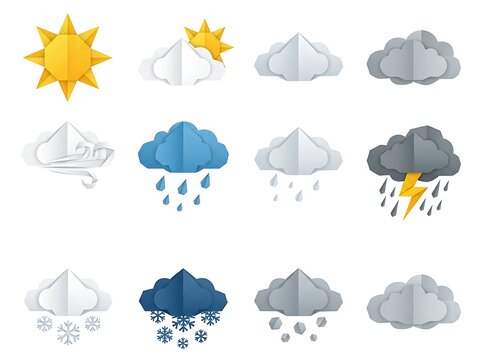 Weather icons set with sun, clouds, rain, snow and lightning