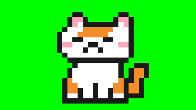 Cute Pixel Art Orange and White Cat Animation on Green Screen.