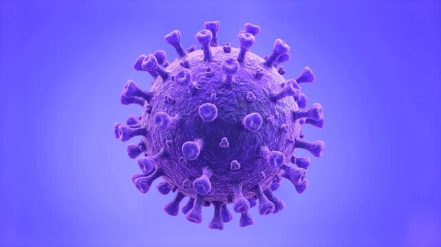 A detailed 3D visualization of a viral spherical pathogen with glycoprotein spikes, set against a vibrant purple studio background. Great for medical science educational videos, microbiology lectures,