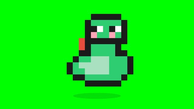 Pixel Art Green Creature with Red Backpack on Chroma Key Background.