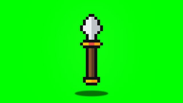 Pixel Art Spear Icon on Green Screen Background.