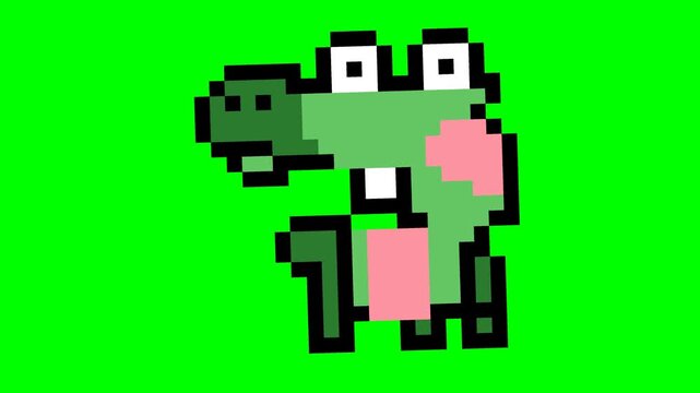 Pixel Art Green Crocodile Character on Chroma Key Background.