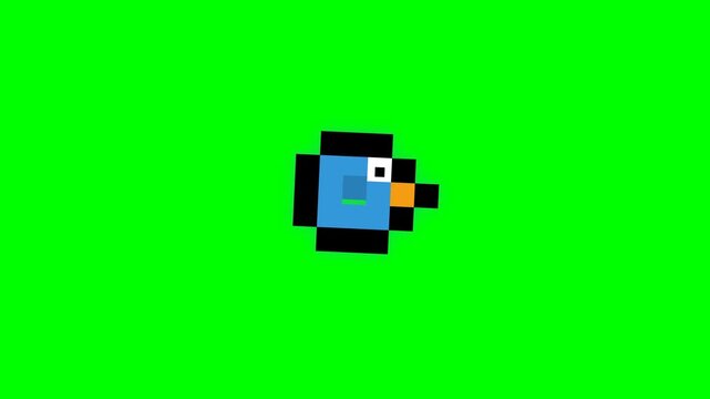 Pixelated Blue Bird Flying on Green Screen Background.