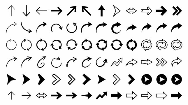 Collection of minimalist arrow icons vector set with straight, curved, and circular pointer shapes