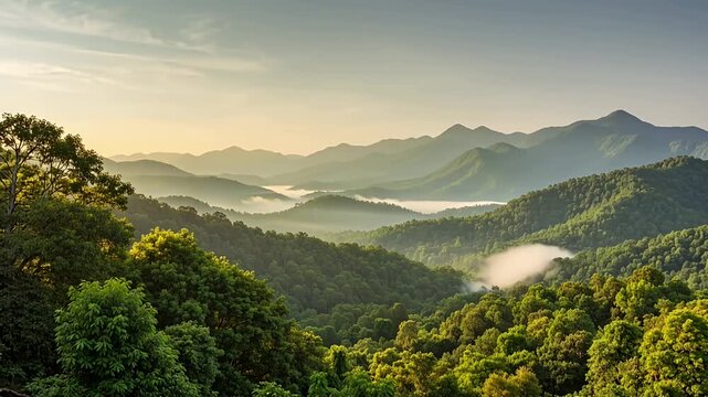 mountain forest valley sunrise with mist over rolling hills landscape
