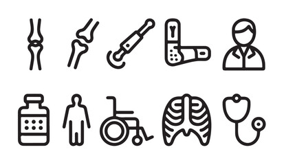 Fototapeta premium Healthcare icon collection featuring medical diagnostic tools orthopaedic equipment and anatomy visuals.