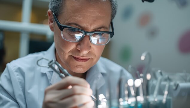 Dentist using tools in a close-up image.