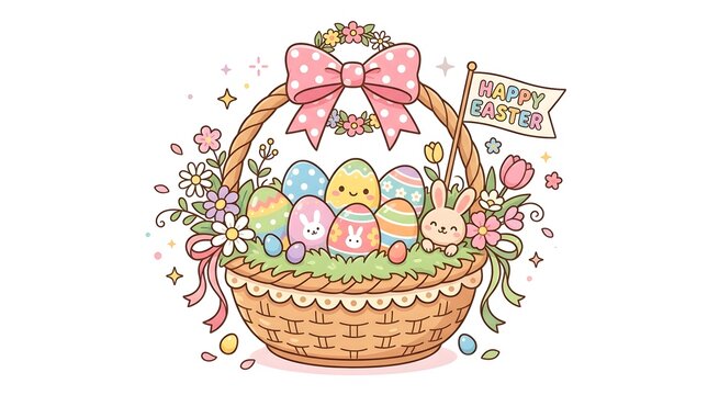 Cute Easter basket filled with colorful decorated eggs and cute bunny vector illustration