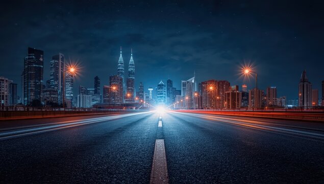 Deserted pavement and urban skyline in a contemporary city after dark.