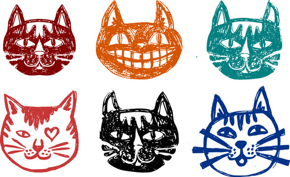 Set of hand-drawn textured cat faces in linocut style