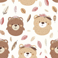 Obraz premium Cute Bear and Feather Seamless Pattern Background