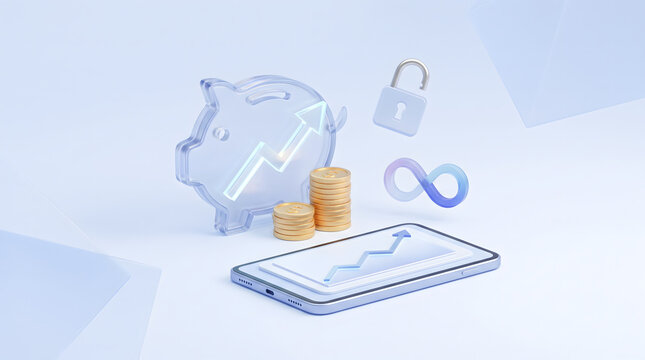 3D illustration of transparent piggy bank with rising arrow near gold coins smartphone showing line graph security lock and infinity icon finance technology concept