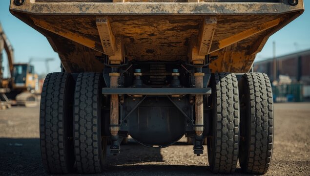 Detailed back view of a robust dump truck. Blurred background.
