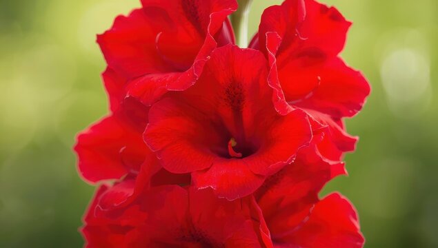 Detailed shot of bright red gladiolus blooms against a soft green backdrop.