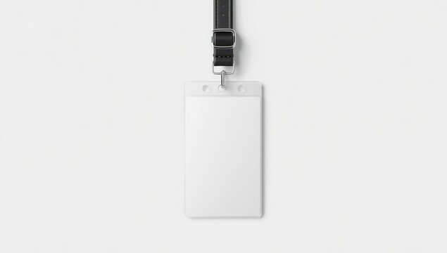Empty badge with dark lanyard on light backdrop.