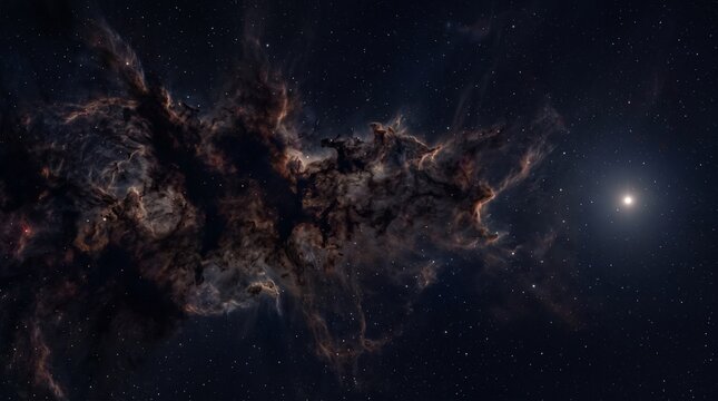 Dark cosmic nebula cloud structure with bright distant star in deep space astronomy illustration