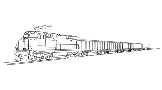 Freight Train Locomotive and Cars Line Art Illustration