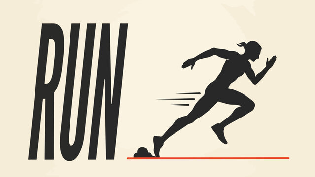 Minimalist graphic of a running woman with typography design featuring the word run silhouette typography motivational
