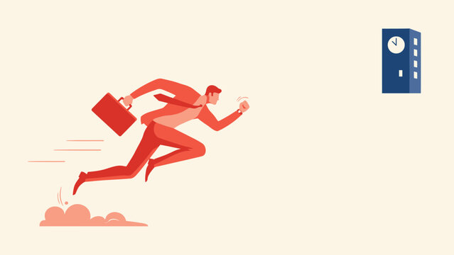Man in suit running late for work concept with businessman deadline business briefcase pressure punctuality schedule
