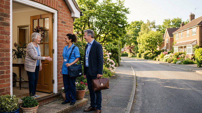 Community healthcare nurse and doctor visiting a senior woman at her home doorstep for a supportive medical checkup and social care
