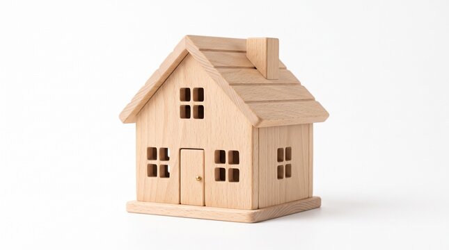 
​A minimalist, miniature toy house crafted from light-colored natural wood, featuring a gabled roof, a small chimney, a front door with a tiny golden doorknob, and multiple square windows.