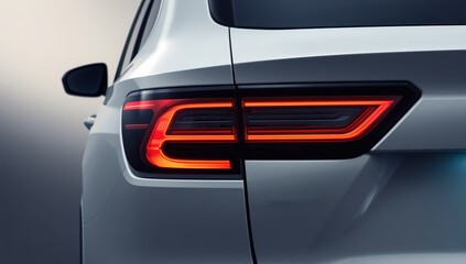Fototapeta premium Rear brake light with LED turn signal on an SUV. Detail of modern white car's taillight. Close-up of red LED lights on a white SUV.