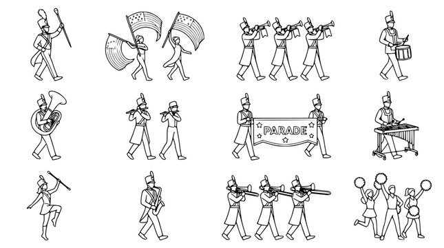 Marching Band Performance Collection: Musicians, Flags, Drumline, and Baton Twirler Line Art