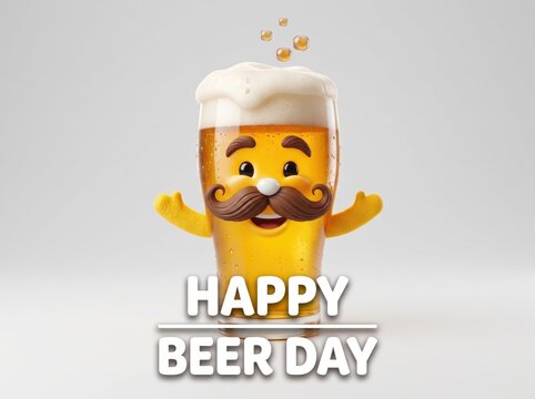 Happy International Beer Day celebration banner design featuring a cute 3D cartoon beer glass character with a brown mustache, playful smile, and open arms. Full pint glass filled with golden lager be