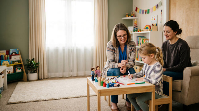 Female occupational therapist working with young girl drawing at table during session while mother watches in cozy pediatric clinic room