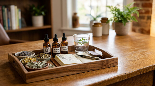 Wooden tray with herbal remedies, essential oil dropper bottles, dried herbs, and notebook on a desk for holistic natural wellness medicine