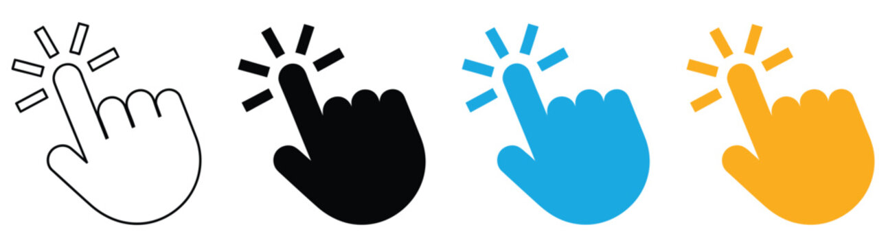 Hand click pointer icons featuring cursor symbols for digital interaction, touchscreen controls, website navigation, and interface graphics