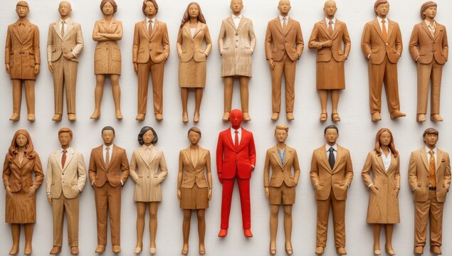 Wooden figures of people and one red figure.
