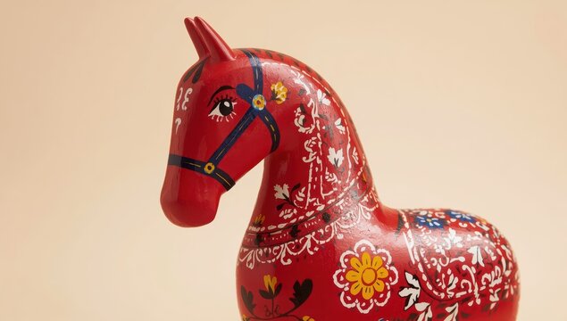 Wooden red-painted souvenir from Sweden, known as a dala horse.