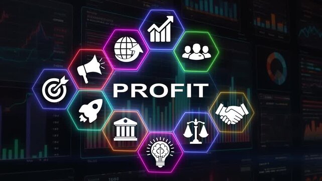 Profit concept with business icons over financial graph background for business success.