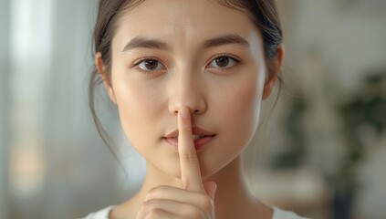 Fototapeta premium Young woman making a silence gesture with her finger to her lips in a quiet setting.