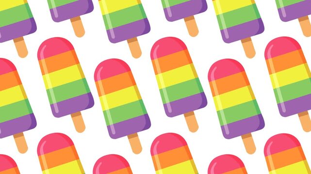 Colorful rainbow popsicles arranged in a playful repeating pattern on a clean white background, creating a bright summer atmosphere perfect for food, dessert, celebration, and seasonal content.