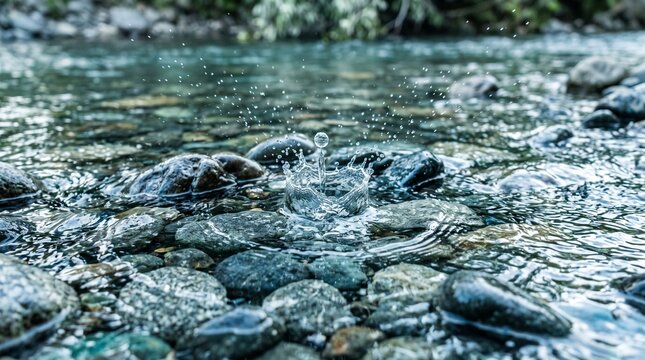Water drop creating crown splash impact in a rocky river stream
