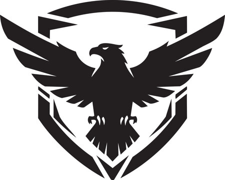 Black eagle inside shield logo with wings spread