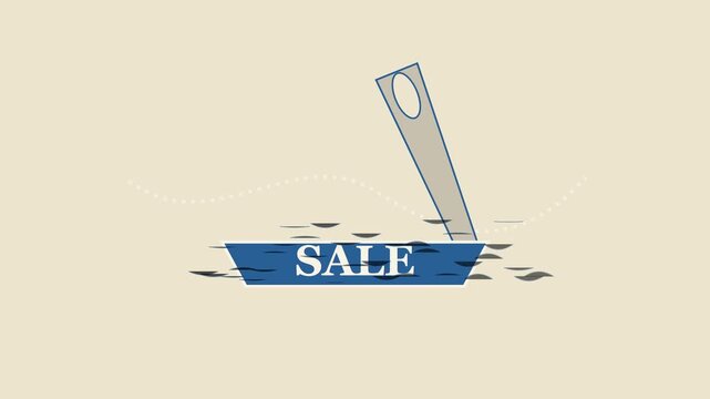Minimalist sale tag animation with needle and thread for retail marketing and e-commerce promotions 4k