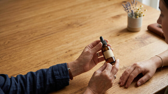 Holistic healthcare practitioner holding essential oil dropper bottle for patient consultation in alternative medicine wellness clinic