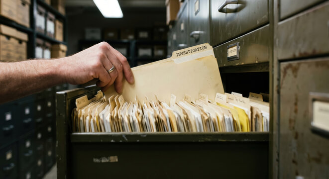 File folder archive record document hand investigation office storage cabinet filing drawer paper search evidence case file directory archive