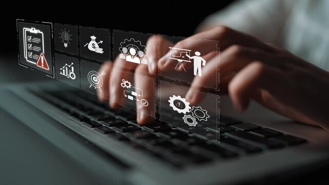 Hands Typing on Laptop Keyboard with Digital Interface of Icons Representing Project Management, Data Analysis, and Team Collaboration in a Modern Workspace Sigmoid